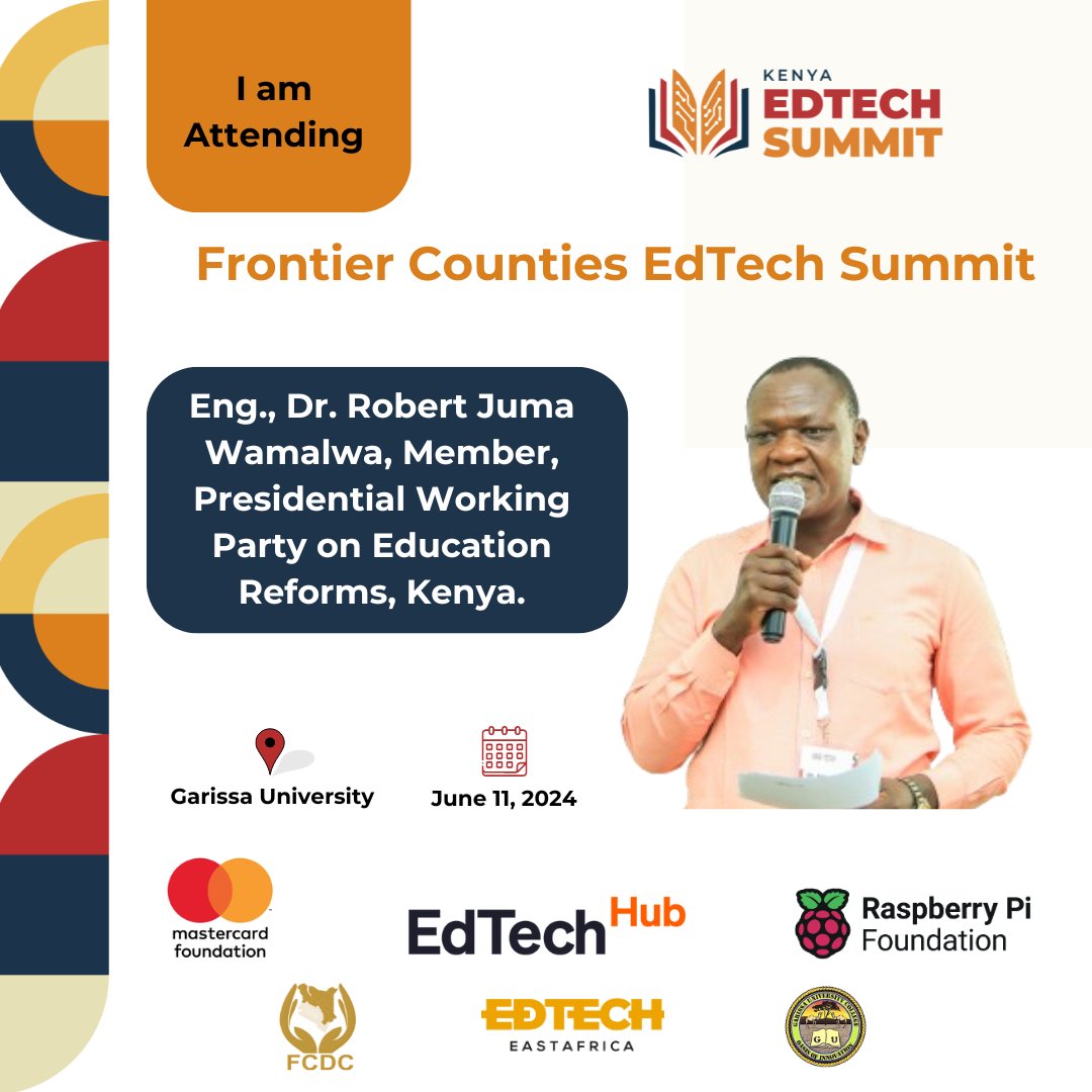 EdTechEAfrica's tweet photo. Eng. Dr. Robert Juma Wamalwa is part of the team that developed the Presidential Working Party on Education Reforms, Kenya. He will be at the #FCEdTechSummit tomorrow at @GarissaUni. Are you attending? Tell us in the comments. #KenyaEdTechSummit #EdTech254 https://t.co/gYh1zAFGZQ