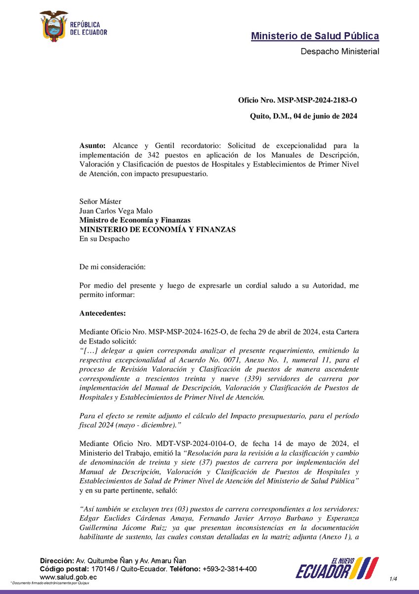 NarvaezOnline's tweet photo. #JusticiaMSP | Sr @JuanCVegaEC Ministro @FinanzasEc;  El mejor reconocimiento que se puede hacer al personal de @Salud_Ec es el respeto de sus derechos; DIEZ AÑOS ya es hora de este Gobierno.  #NuevoEcuadorResuelve van a pasar al Historía https://t.co/9A4WnXkmlE
