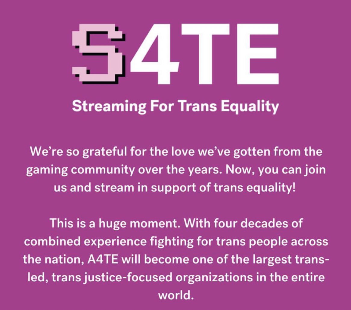 Advocates for Trans Equality (@transequality) on Twitter photo Get in, gamers! It’s time to stream for trans equality 🏳️⚧️✨ 
Learn more and join us: tiltify.com/ncte/streaming… Get in, gamers! It’s time to stream for trans equality 🏳️⚧️✨ 
Learn more and join us: tiltify.com/ncte/streaming…