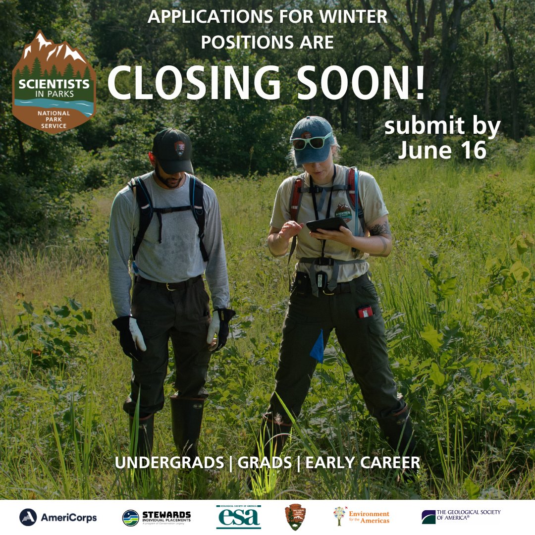 Applications for the winter season are still open but are closing soon! Positions that receive 75 applicants will close early so don't wait, apply now! Check out our website to learn how to apply! scientistsinparks.org