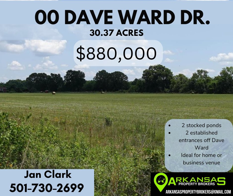 ArkPropBrokers's tweet photo. 00 Dave Ward Drive is a stunning 30.37 acre property. This land is location within Conway city limits (water available), has 2 stocked ponds and 2 established entrances off Dave Ward.  Contact Jan Clark to learn more at 501-730-2966. #arkansaspropertybrokers #daveward https://t.co/6EZ6SAdp9v