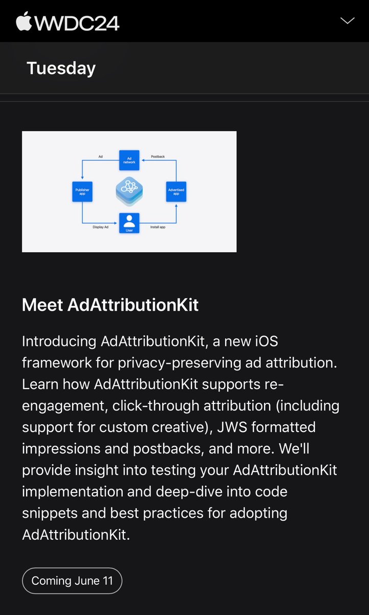 Apple’s developer session on AdAttributionKit, its new advertising attribution framework, takes place tomorrow with “Meet AdAttributionKit.”