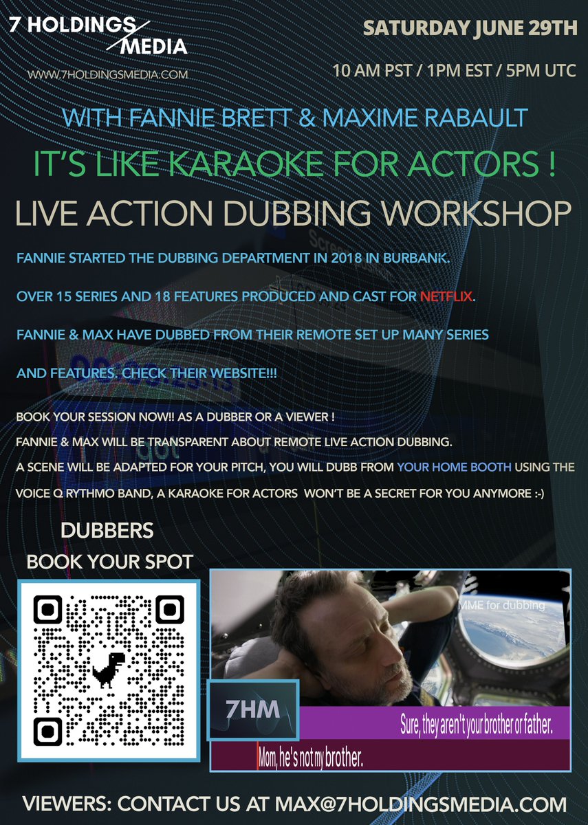 MAX_7HM (@max_7hm) on Twitter photo Our next workshop is Saturday June 29th.
- DUBBERS (LIMITED SPOTS): calendly.com/.../live-actio…
- VIEWERS (UNLIMITED SPOTS): contact us at max@7holdingsmedia.com
#7hm #voiceQ #dubbing #coaching #remote #homestudio #voiceacting #liveaction #actors #2024 Our next workshop is Saturday June 29th.
- DUBBERS (LIMITED SPOTS): calendly.com/.../live-actio…
- VIEWERS (UNLIMITED SPOTS): contact us at max@7holdingsmedia.com
#7hm #voiceQ #dubbing #coaching #remote #homestudio #voiceacting #liveaction #actors #2024