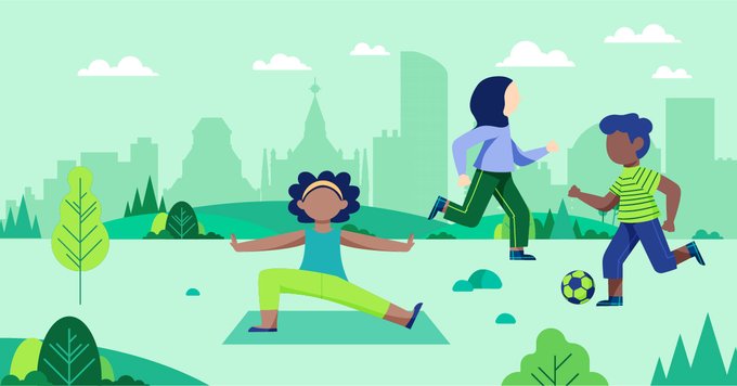 Illustration of people jogging, kicking a soccer ball, and doing yoga in a park.