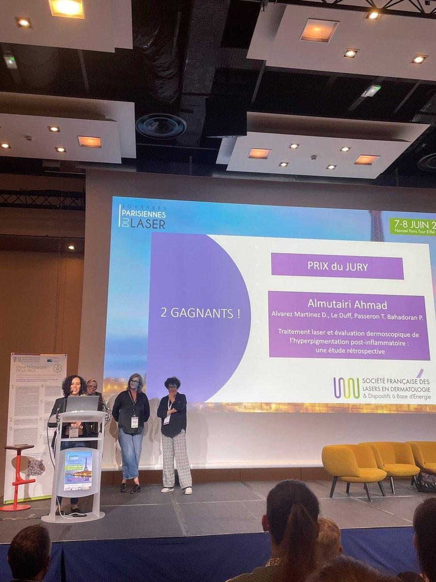الحمدالله، بحثي ينال جائزة اللجنة العلمية في مؤتمر باريس لطب الجلدية والليزر. 

شعور جميل عند نيل تقدير قامات عالمية لبحث استمر اكثر من قرابة سنتين من التحضير والتنفيذ