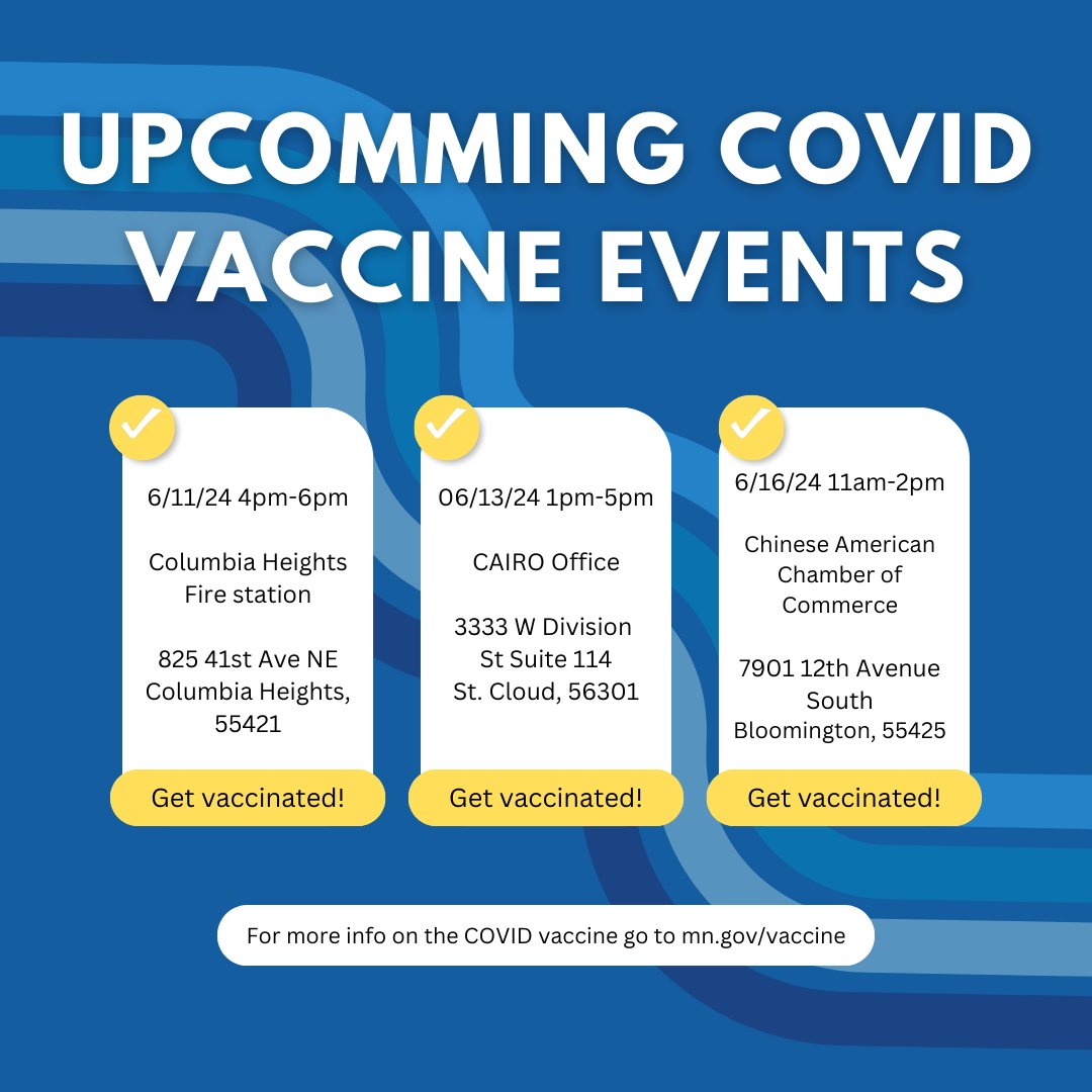 These are a few COVID vaccine events going on in Minnesota. To view more COVID vaccination and testing events, go to: rb.gy/33jopu
#AMPERS #vaxmn #communityresource #communityresources #twincitiesmn #healthresources