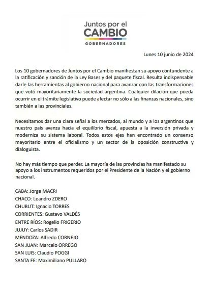 🚨🇦🇷 Los 10 gobernadores de Juntos por el Cambio emitieron un comunicado manifestando "su apoyo contundente a la ratificación y sanción de la Ley Bases y del paquete fiscal"
