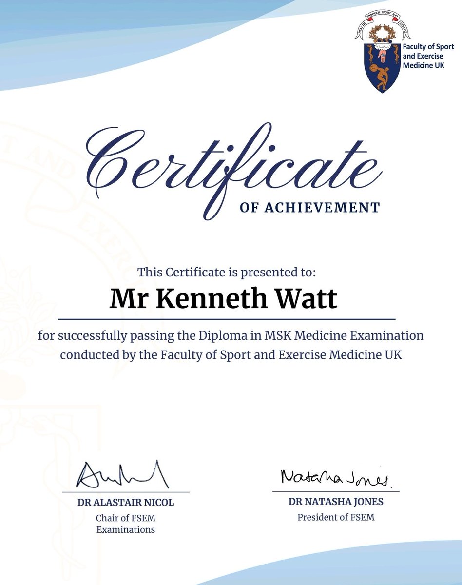 KennyWattPhysio's tweet image. Proud to have sat and completed my second diploma with the @FSEM_UK Faculty of Sport and Exercise Medicine UK this year.

Both the Diploma in Exercise Medicine and the Diploma in Musculoskeletal Medicine have greatly added to my clinical practice

projectphysio.net
