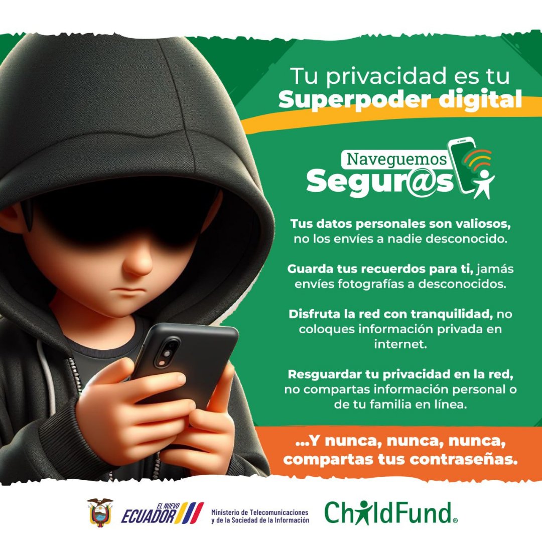 PDG_STM's tweet photo. #NaveguemosSeguros   | ¡Tu privacidad es tu Superpoder digital! 
 Recuerda nunca compartir tus contraseñas. 
 Descarguemos la guía para navegar seguro:   https://t.co/CUNXYjTMBB
 
    #SeguridadDigital #NavegaSeguro #SuperpoderesEnLaRed #ChildFundEcuador #MINTEL #ElNuevoEcuador https://t.co/9GoN8TdZlz