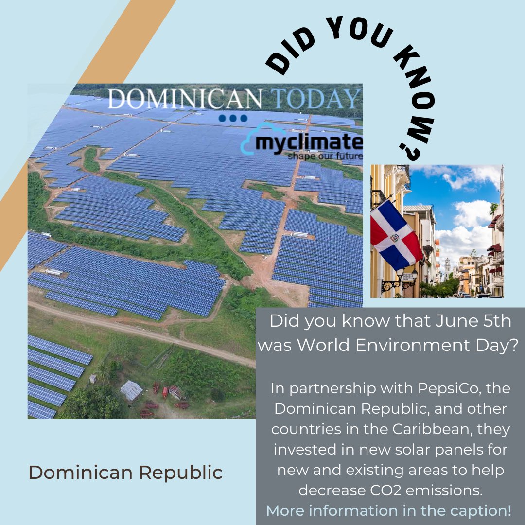 cuslaiutd's tweet photo. Did you know that June 5th was World Environment Day?🌎

The Dominican Today reported, “The region’s most ambitious solar panel project is at the Caribbean Plant in the Dominican Republic, which has 2,667 panels that generate 62,000 kilowatts per month…. https://t.co/ym3p77MakI
