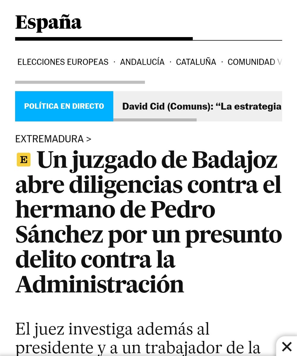 OmarJayyan's tweet photo. Jajajajaja.
@el_pais ha escondido la imputación del hermano de Sánchez en las páginas de local de Extremadura. https://t.co/0kXWuTRXsb
