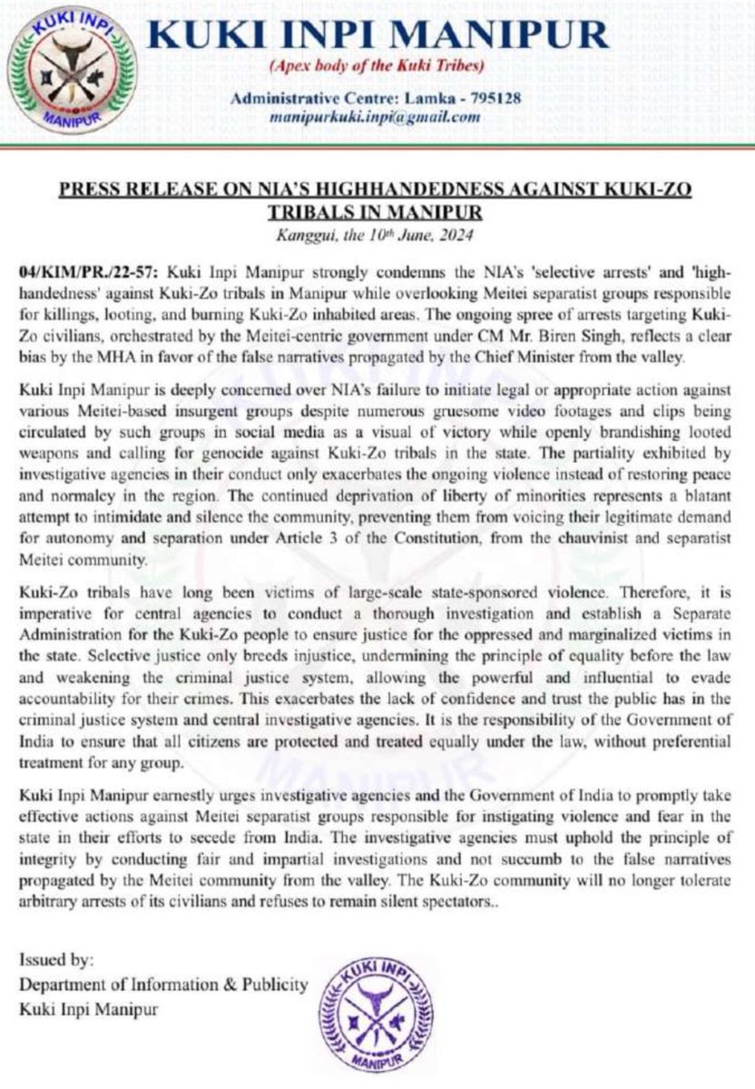 bombielnet's tweet photo. The Kuki Inpi Manipur, the apex Kuki body, has lashed out at the National Investigative Agency (NIA) over selective arrest and high-handedness against Kuki tribals in Manipur while overlooking Meitei separatist groups responsible for killings, looting and burning Kuki inhabited areas.

#KukiZoLivesMatter 
#ManipurViolence