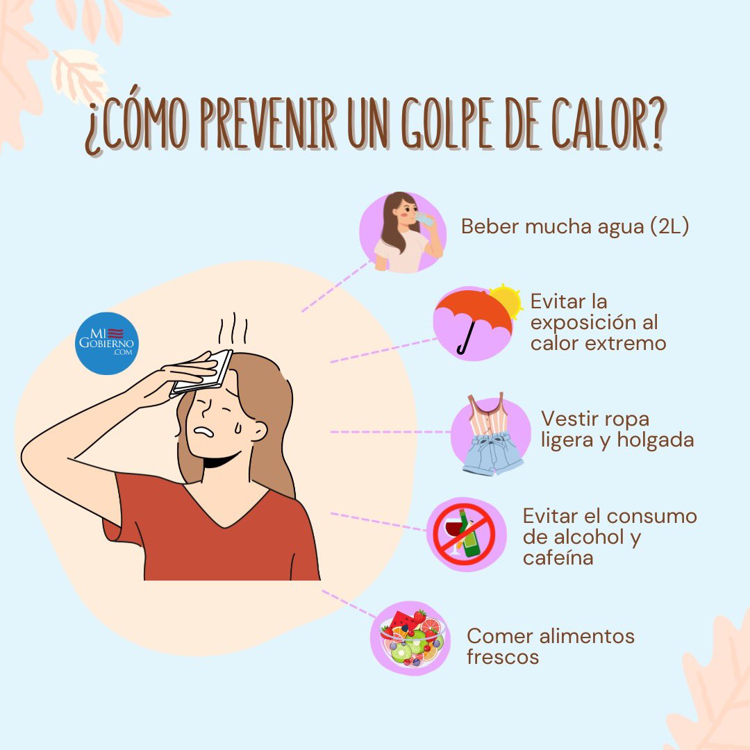 Comunidad, esta temporada de calor es muy importante cuidarnos y prevenir riesgos que puedan llevar a un golpe de calor. 

#migobiernocom #GolpesDeCalor #cuidados #salud #bienestar #prevención