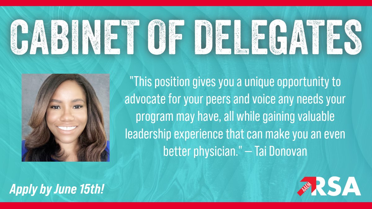 🚨 Application Deadline Quickly Approaching

Be a leader for your program by advocating for their core values as part of the AAEM/RSA Cabinet of Delegates.

Apply Today: bit.ly/3RaPUwB
#AAEMRSA #EmergencyMedicine