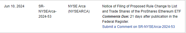 JSeyff's tweet image. SEC just added the ProShares' Ethereum ETF Filing to its website. (That is extremely quick) Instinct initially says this wont launch on day 1 with the other ETFs whenever that is but who knows. This is interesting.