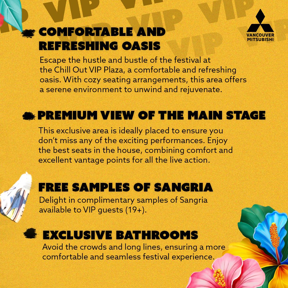 CarnavaldelSol's tweet photo. Elevate your #CSOL experience with #VancouverMitsubishi!
Treat yourself to the ultimate VIP experience at the VIP Plaza by Vancouver Mitsubishi. Enjoy premium seats with the best view of the main stage, no long lines with fast-pass access, and exclusive bathrooms for VIP guests. https://t.co/5e3LWxncO4