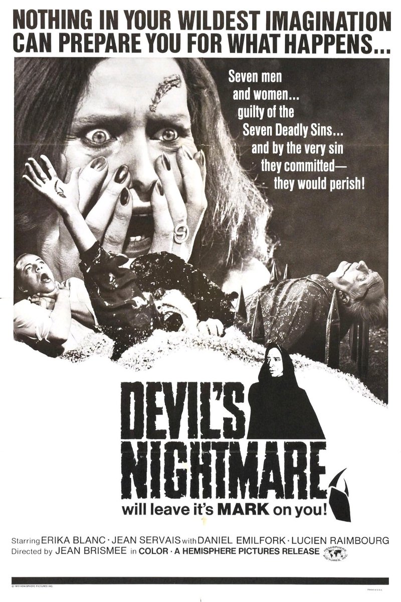 TheFilmFair's tweet photo. Talking taglines: "Seven men and women... guilty of the Seven Deadly Sins... and by the very sin they committed - they would perish!" #TheDevilsNightmare (1972 - Dir. #JeanBrismée) #ErikaBlanc #JeanServais #DanielEmilfork https://t.co/UTkPHpSwy1