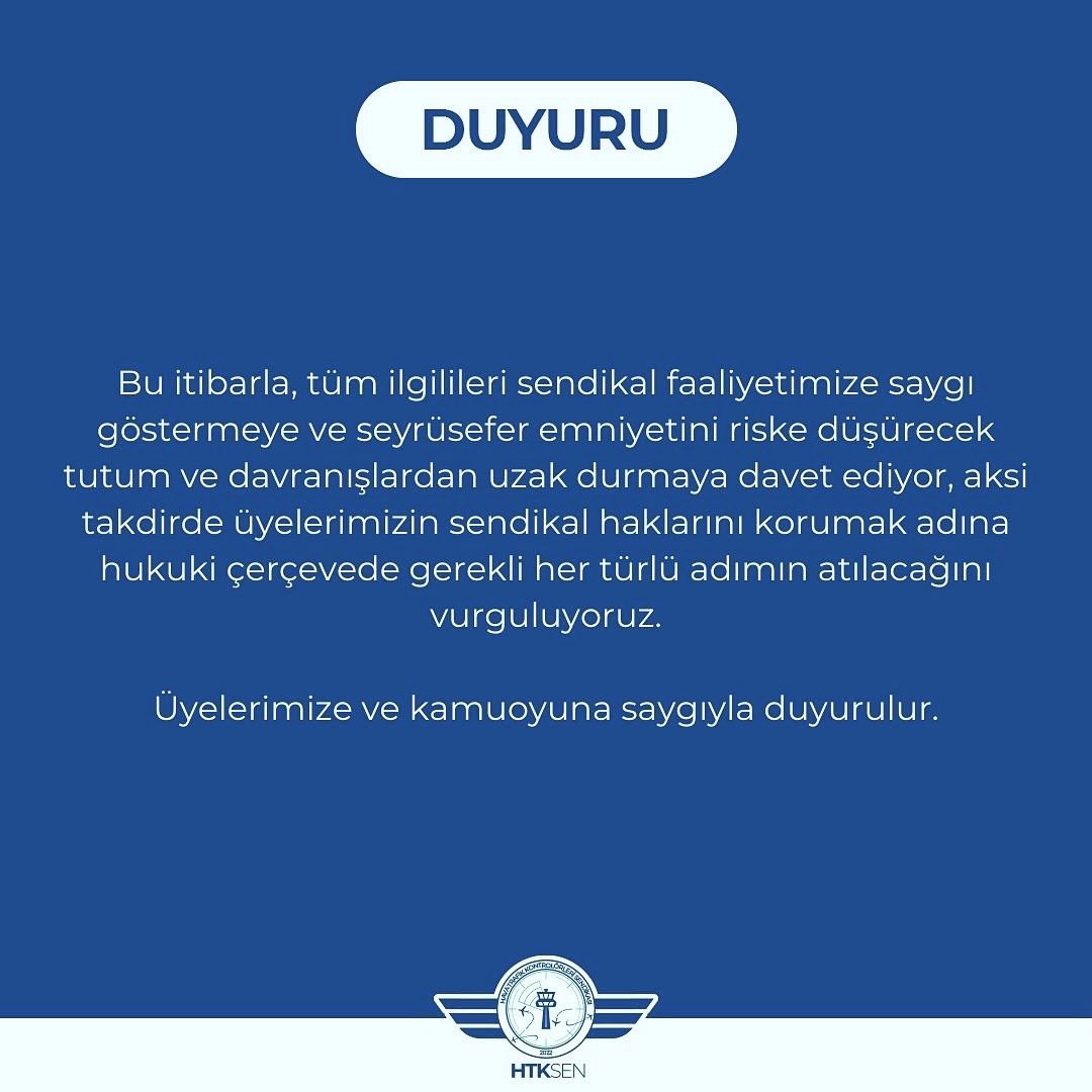 Bilindiği üzere Sendika Yönetim Kurulumuzca 7-17 Haziran 2024 tarihlerinde inisiyatif almadan çalışma faaliyeti kararı alınmış olup, halihazırda başarıyla icra edilmektedir. 

Mamafih, havacılık kurallarına ve ilgili mevzuata harfiyen uymaktan ibaret olan mezkur faaliyeti