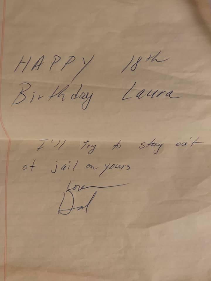 JDelowery's tweet photo. @jimmyfallon My dad left this “sweet” note for my sister on her 18th birthday after she got in trouble on his birthday earlier that year. 🤣 #dadquotes https://t.co/zwo57d42d4
