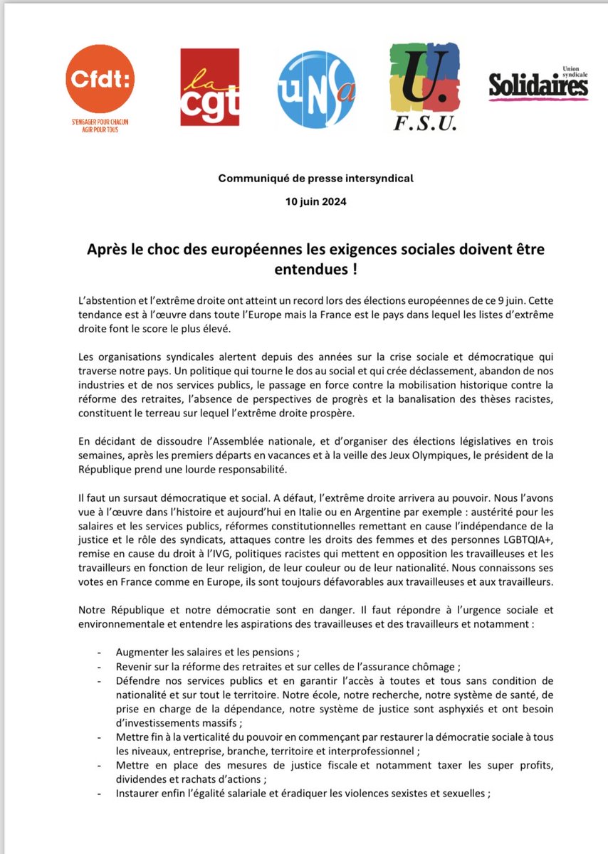 LaurentEscure's tweet photo. Après le choc des européennes et la dissolution … communiqué de l’intersyndicale de ce soir. https://t.co/9VqDtx41Rp
