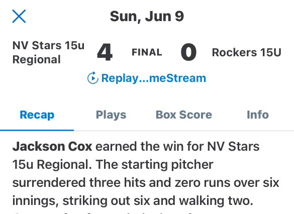 JacksonCox27's tweet photo. Got the Win today in the Tournament Championship. Pitched all 6 innings and allowed 0 runs on 3 hits and 6 Ks. https://t.co/v1KWpk6Ptc