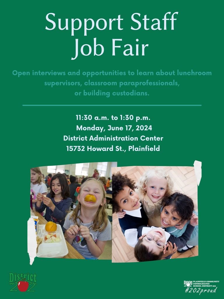 Attention job seekers! Visit our Job Fair from 11:30 a.m.-1:30 p.m. June 17. We're hiring support staff members including classroom paraprofessionals, building custodians, and lunchroom supervisors.  Visit our Recruitment Page at psd202.org/o/pccsd/page/r…