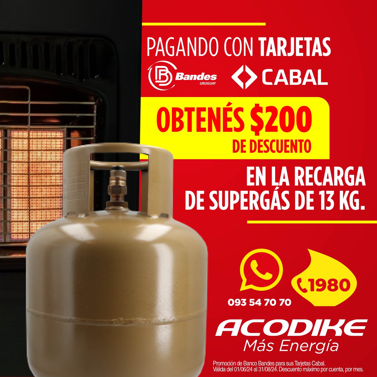 ¿Tenés tarjeta #Cabal? Tenés un descuento especial en tu recarga. 😉⁣ ⁣ Accedés a un descuento instantáneo de $200. 💳💸⁣ ⁣ 

Pedí tu garrafa al 📞1980⁣* 

Promo válida desde el 01/06/24 hasta el 31/08/24.⁣ **Válido por un descuento de $ 200 máximo por cuenta por mes