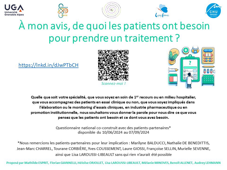 « À mon avis, de quoi les patients ont besoin pour prendre un traitement ? »

Ce questionnaire est établi pour recueillir votre avis de #professionnel de #santé à partir d’un questionnaire co-construit avec des #patients #partenaires* 

lnkd.in/dJwPTbCH