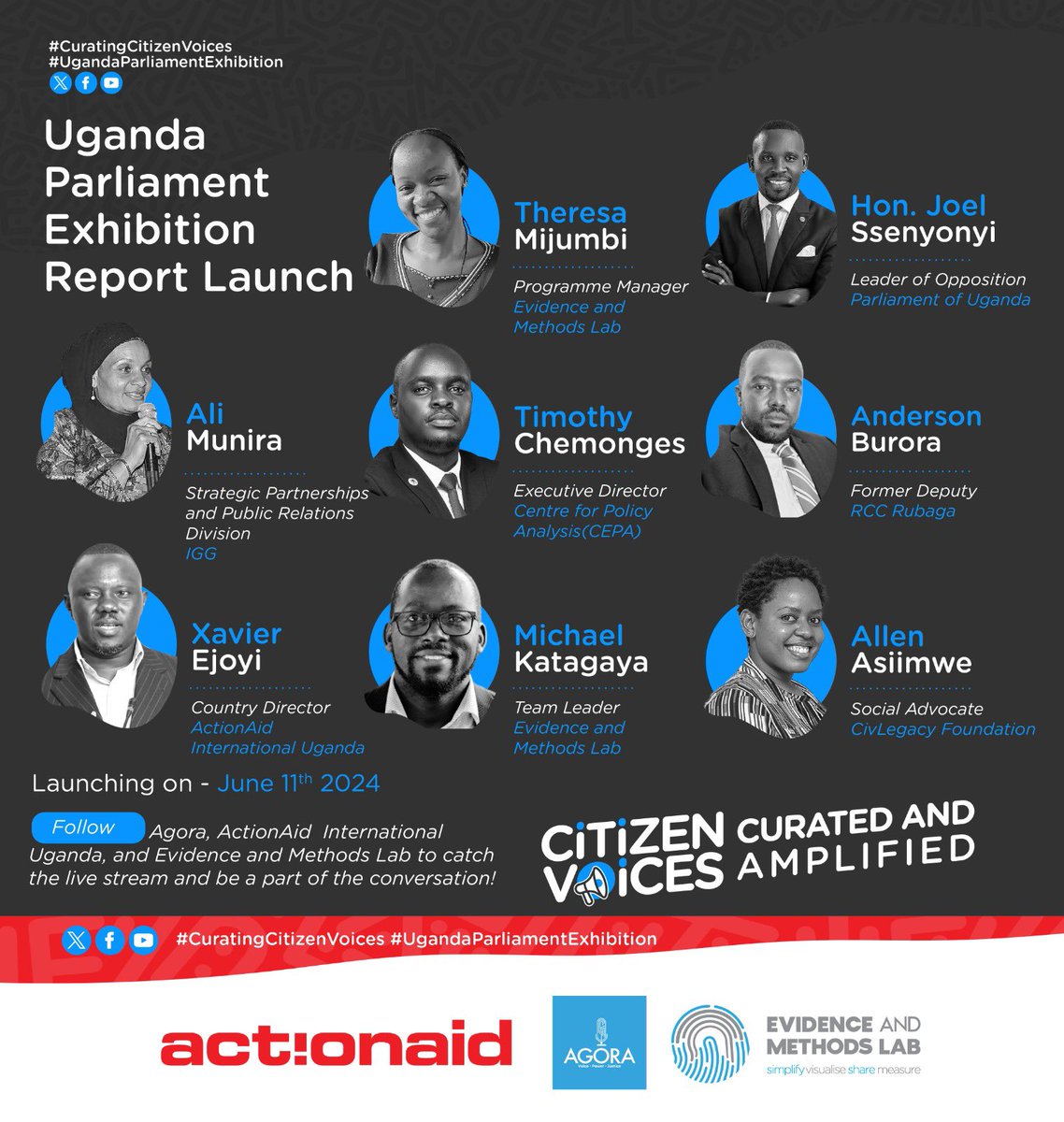 Ali Munira from <a href="/IGGUganda/">IGG</a> Office, Leader of Opposition <a href="/JoelSsenyonyi/">Joel Ssenyonyi</a> <a href="/actionaiduganda/">ActionAid International Uganda</a> Executive Director <a href="/xmusema/">Xavier Ejoyi</a> <a href="/harderHB/">Burora Herbert Anderson</a> <a href="/ChemongesTim/">Chemonges. M. Timothy</a> are among panelists for the #UgandaParliamentExhibition Report Launch curated by <a href="/evidence_method/">Evidence&Methods Lab</a>. The Launch will be streamed live on X