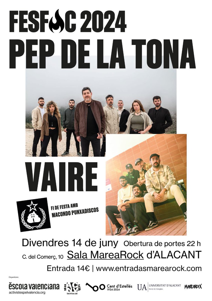 🤌🏽 Divendres toquem a ALACANT per primera vegada 🤌🏽

… i és un plaer fer-ho acompanyant a <a href="/pepdelatona/">Pep de la Tona</a>.

Nosaltres obrirem la nit a les 23:00h i, a les sales, els concerts es fan més especials i familiars…

Si vols una bona dosi de rock:  entradasmarearock.com/web/?menu=1162…