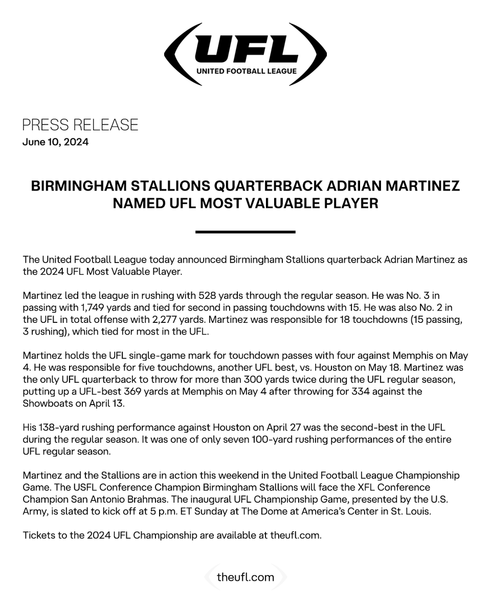 UFL_PR's tweet photo. The #UFL today announced Birmingham Stallions quarterback Adrian Martinez as the 2024 UFL Most Valuable Player. https://t.co/Fv99Qa1sxN