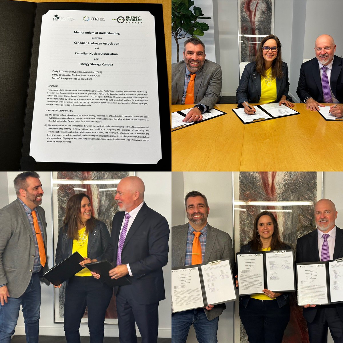 Our ED <a href="/JWRANG/">Justin W. Rangooni</a> was excited to join <a href="/IvetteVera/">Ivette Vera-Perez 🍁</a> <a href="/PoweringNow/">Canadian Hydrogen Association</a> &amp;
John Gorman <a href="/CanadaNuclear/">Canadian Nuclear Association</a> in signing today's MoU  to mark our commitment to jointly promote the education, growth, commercialization and adoption of #cleanhydrogen, #nuclear, and #EnergyStorage technologies in Canada