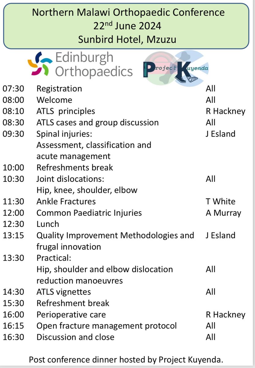 Project Kuyenda (@projectkuyenda) on Twitter photo 12 days until we host our first teaching day in Mzuzu!
We have an amazing programme as requested by our colleagues with fantastic faculty!
Spread the word!!
<a href="/EdinOrthopaedic/">Edinburgh Orthopaedics</a> #Malawi #Mzuzu #GlobalOrthopaedics 12 days until we host our first teaching day in Mzuzu!
We have an amazing programme as requested by our colleagues with fantastic faculty!
Spread the word!!
<a href="/EdinOrthopaedic/">Edinburgh Orthopaedics</a> #Malawi #Mzuzu #GlobalOrthopaedics