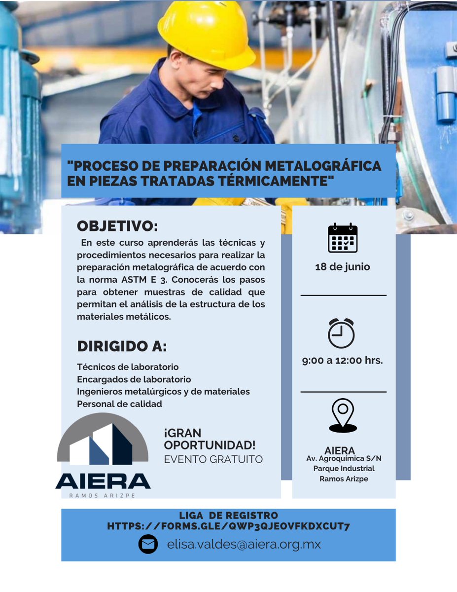 AIERAmx's tweet photo. #AIERA te invita al curso: 
"Proceso de Preparación Metalográfica en Piezas Tratadas Térmicamente"
Evento gratuito ⚠️⚠️
Registro: https://t.co/o6Nr3XW2bk https://t.co/90SX3Cn0uO