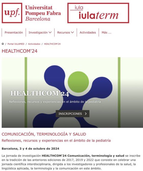navarrotradmed's tweet photo. Jornada HEALTHCOM’24 Comunicación, Terminología y Salud

«Reflexiones, recursos y experiencias en el ámbito de la pediatría» 🩺👧🏻👶🏻👦🏻

Barcelona🇪🇸: @iulaonline_UPF @UPFBarcelona, 3 de octubre.
Info e inscripción: https://t.co/VUeyFNCKBT https://t.co/vSAsWzWq90