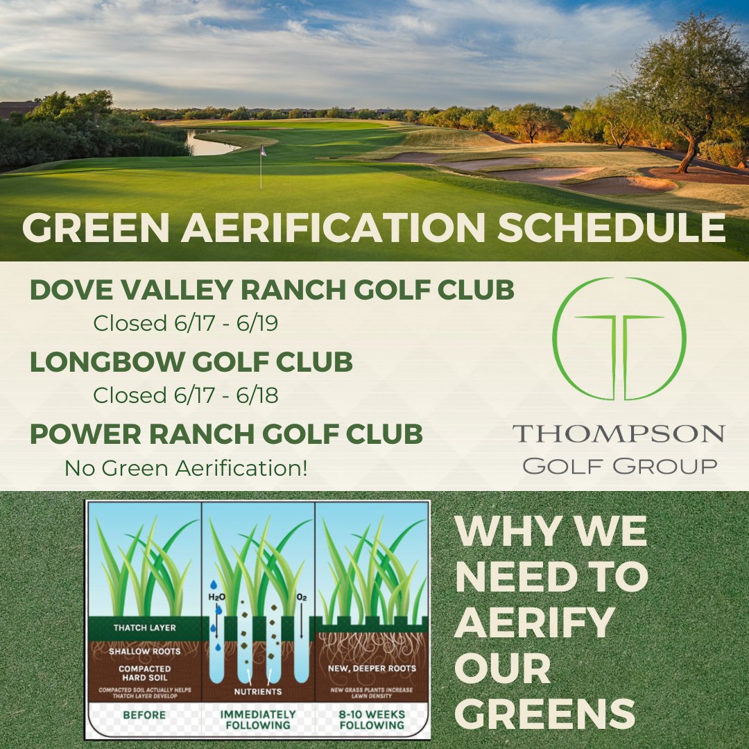 DVRGolf's tweet photo. 🌱 Aerification Announcement 🌱  The golf course, driving range and Copper Bar will be closed 6/17 - 6/19.  We will also be resurfacing the parking lot, so there will be very limited access to the golf shop over those three days.  

🤳Call the golf shop for course conditions https://t.co/uk0QCEHFcn
