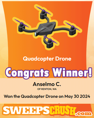 SweepsCrush's tweet photo. 🚁Congrats to the #winner of our Quadcopter Drone #Giveaway, Anselmo C. of Renton, Washington!😎

Crush your day with free entries to #win cash &amp; prizes with SweepsCrush: https://t.co/jtwMhQk60i https://t.co/U6ZYF7Pr6S