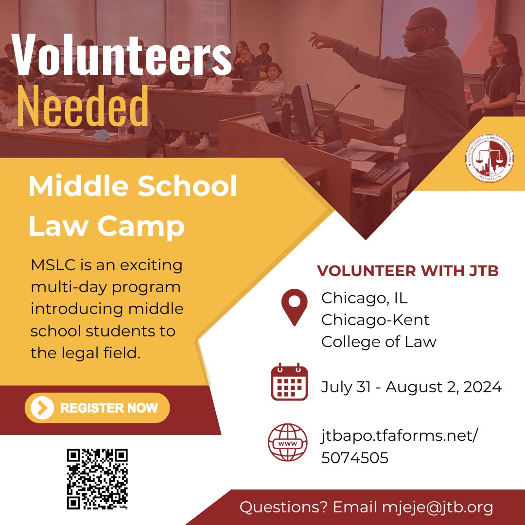 🌟Looking to get involved this summer? Want to make a difference in the lives of middle school students exploring the legal field? Join JTB this summer in Chicago for Middle School Law Camp! Sign up now at jtbapo.tfaforms.net/5074505 and be a part of something amazing!✨