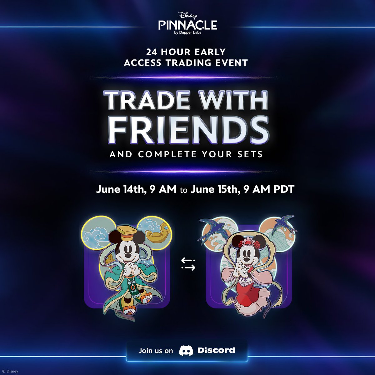 📣 Trade your digital pins for 24 HOURS! 📣 

Disney Pinnacle by Dapper Labs is hosting a 24 Hour Trading Event starting this Friday, June 14th at 9 AM PDT, and ending June 15th at 9 AM PDT!  

More details in🧵