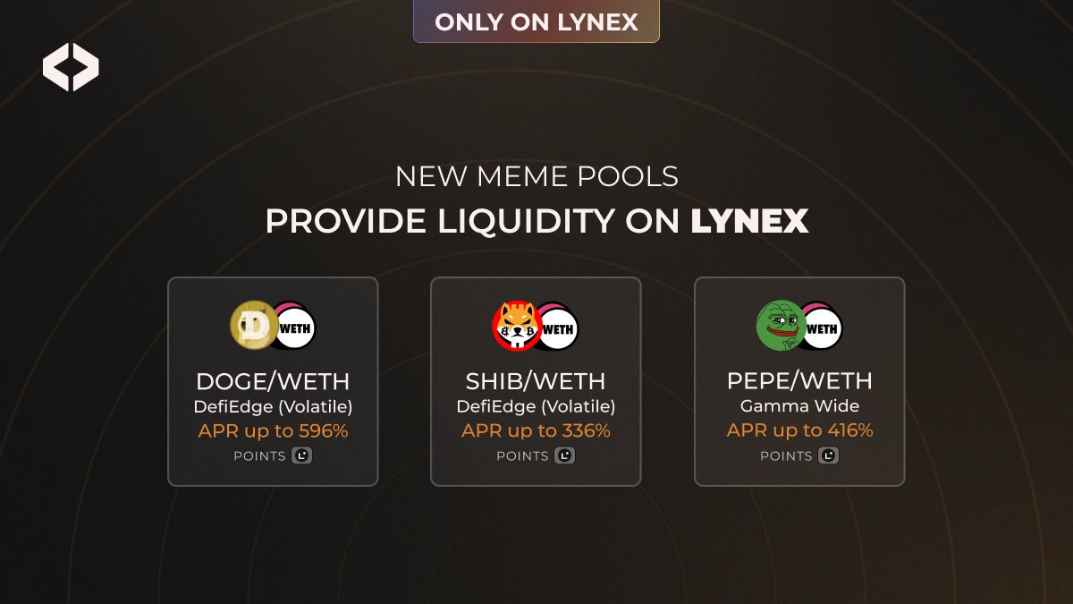 LynexFi's tweet image. 📢 Attention Meme fanatics - new and EXCLUSIVE opportunities on Lynex! 🚀

Now you can earn high-yield APR and LXP-L points by providing liquidity to these pools:
🔸 DOGE/WETH managed by @DefiEdge 
🔸 SHIB/WETH managed by @DefiEdge 
🔸 PEPE/WETH managed by @GammaStrategies…