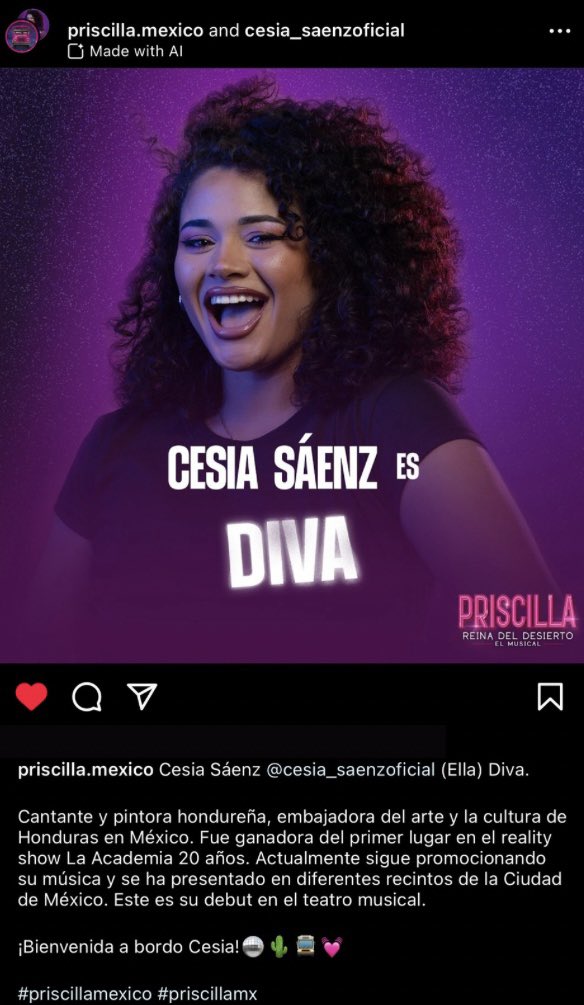 📸 | Cesia Sáenz vía Instagram post de priscilla.mexico

Cesia Sáenz es Diva🩷🌵🚍

“Cantante y pintora hondureña. Actualmente sigue promocionando su música y se ha presentado en diferentes recintos de la Ciudad de México. Este es su debut en el teatro musical.”
#PriscillaMexico