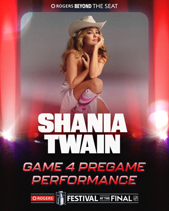 Top: Photo of Shania Twain with her name below. Above that shows the "Rogers beyond the seat" logo.

Bottom: Red text on a black background reading, "Game 4 pregame performance".

The Rogers Festival at the Final logo is at the very bottom.