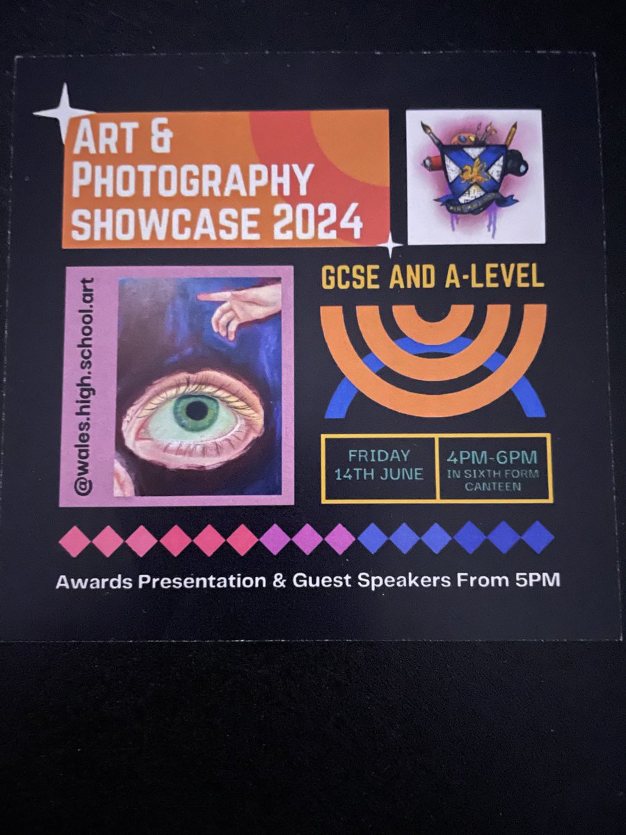 WalesHigh's tweet photo. Don’t miss out ⁦@waleshighnews⁩ 👇🏽 Come along to our ⁦@WalesHighArt⁩ &amp; Photography Showcase Friday 14th June  4-6pm #GuestSpeakers 💙💛 #Arts So many fantastic pieces of work and Achievement Awards to be presented ⁦@WalesSixth⁩ 🎨🖌️🖼️📸🎞️ https://t.co/jYa47RHCiv