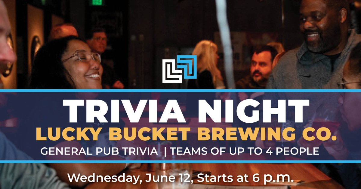 Our first Trivia Night of the summer is this Wednesday, June 12!

Meet us at <a href="/LuckyBucketBrew/">Lucky Bucket Brewing</a> at 6 p.m. for a fun time and some friendly competition. Teams of 2-4 are invited to test their trivia knowledge and try to win prizes!

The Corndog Company food truck will be there, too!