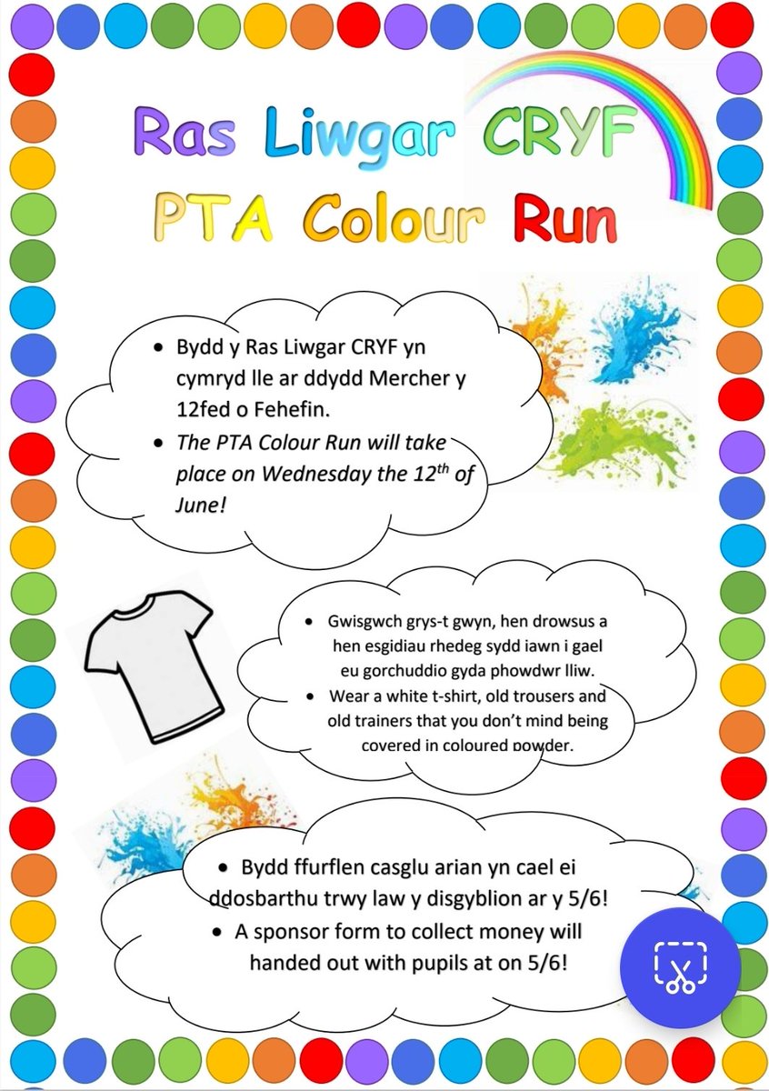 Cofiwch am ein Ras Liwgar ar ddydd Mercher. Dewch yn eich dillad addas a gyda'ch ffurflenni noddi! 🙂🌈 Don't forget about our Colour Run on Wednesday. Come dressed in appropriate clothing and bring your sponsor forms! 🙂🌈 <a href="/YFroCynraddPTA/">CRhA Ysgol Y Fro Cynradd PTA</a>