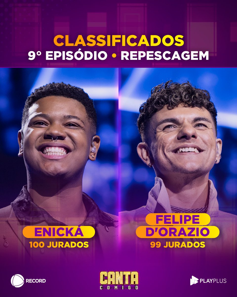CantaComigoRec's tweet photo. A repescagem do #CantaComigo trouxe dez talentos incríveis de volta para a disputa 🤩 Enická e Felipe D'Orazio são os novos semifinalistas da temporada 🥳✨ Gostaram do resultado?

👉 Quer rever as apresentações da temporada? Assista na íntegra no https://t.co/kU8cuS3WzO! https://t.co/MBa14GZFUG
