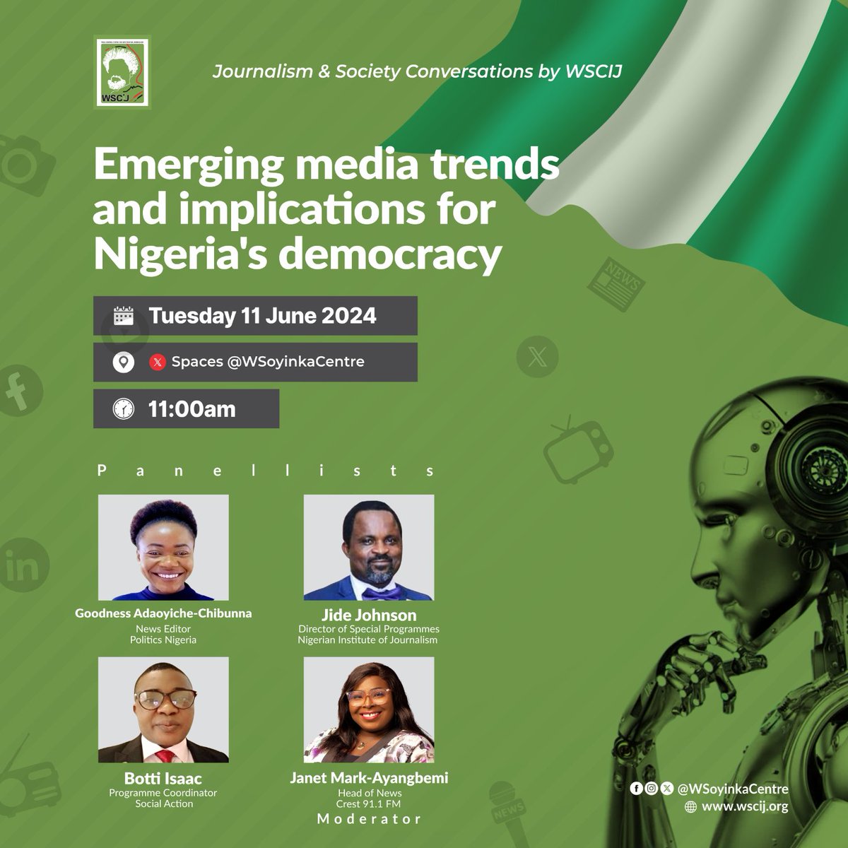 Wole Soyinka Centre (@wsoyinkacentre) on Twitter photo Join <a href="/janeymarkay/">Janet Mark-Ayangbemi</a>, <a href="/Miss_Adaoyiche/">Goodness Adaoyiche</a>, <a href="/BottiIsaac/">Botti Isaac</a>, and <a href="/olukonii/">Jide Johnson...Mallami;Onyekuzi</a> tomorrow at 11:00 am for our #WSCIJConversations as they discuss new media technologies, innovative communication platforms and their impact on democracy in Nigeria.  
Click bit.ly/45gEFsl to participate. Join <a href="/janeymarkay/">Janet Mark-Ayangbemi</a>, <a href="/Miss_Adaoyiche/">Goodness Adaoyiche</a>, <a href="/BottiIsaac/">Botti Isaac</a>, and <a href="/olukonii/">Jide Johnson...Mallami;Onyekuzi</a> tomorrow at 11:00 am for our #WSCIJConversations as they discuss new media technologies, innovative communication platforms and their impact on democracy in Nigeria.  
Click bit.ly/45gEFsl to participate.