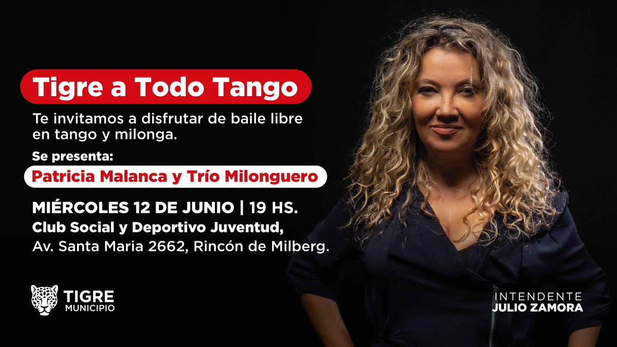 MunicipioTigre's tweet photo. Este miércoles 12 de junio, te esperamos en el Club Social y Deportivo Juventud para disfrutar del programa #TigreATodoTango, donde se brindarán clases abiertas de tango y milonga junto a Patricia Malanca y Trío Milonguero. ¡No te lo pierdas! 💃🕺
#TigreEsMiVida https://t.co/ut8Mnc0Pho