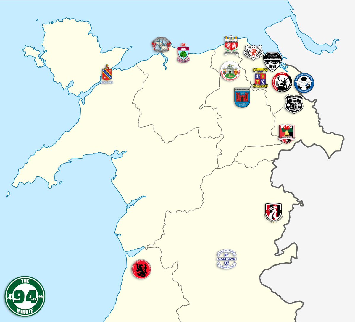 The94thMin's tweet photo. In preparation for the 2024-25 @CymruLeagues North season, we have created a map showing the locations of all 16 teams who will be competing in the northern second-tier league.

#footballmap https://t.co/4xgBn2L4ec
