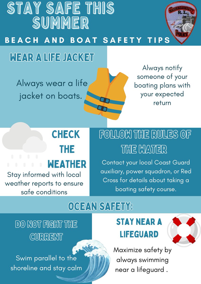 Boating and beach safety tips. While out on a boat, it’s important that everyone wears a life jacket. Do not navigate a boat under the influence. At the beach watch out for rip currents and to always swim near a lifeguard. See Facebook post for in-depth details.